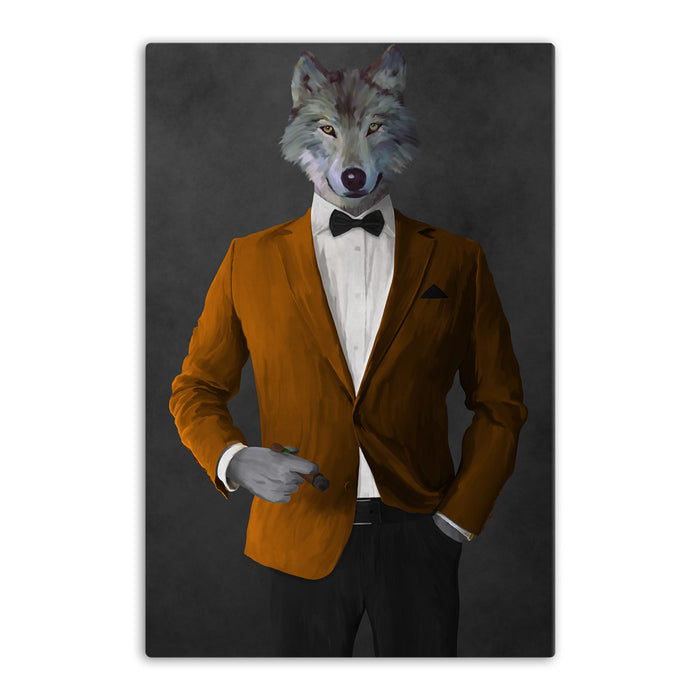 Wolf smoking cigar wearing orange and black suit canvas wall art