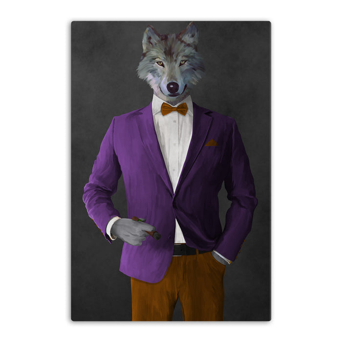 Wolf smoking cigar wearing purple and orange suit canvas wall art