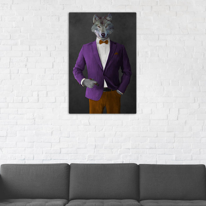 Wolf Smoking Cigar Wall Art - Purple and Orange Suit