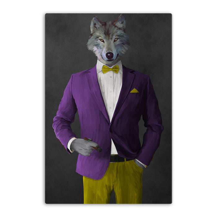 Wolf smoking cigar wearing purple and yellow suit canvas wall art