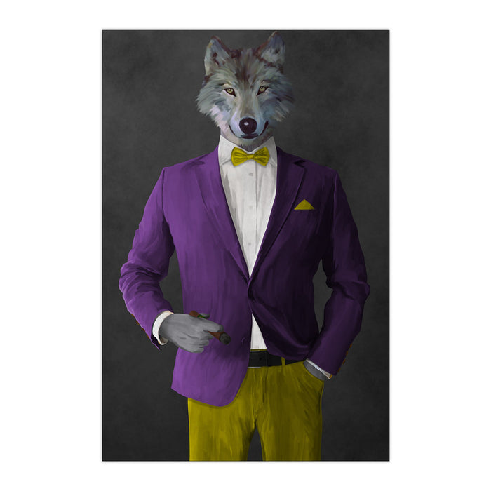 Wolf smoking cigar wearing purple and yellow suit large wall art print