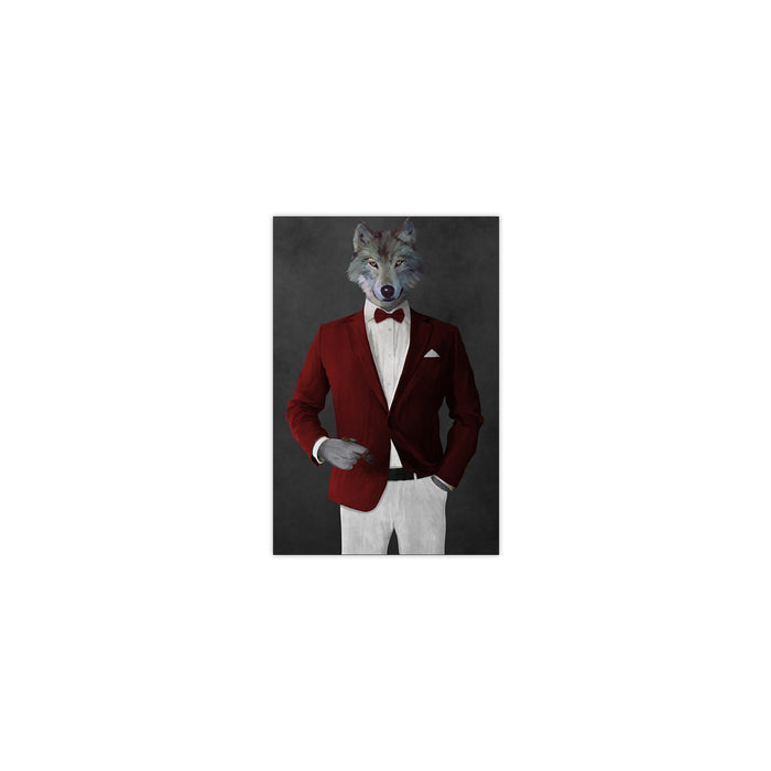 Wolf smoking cigar wearing red and white suit small wall art print