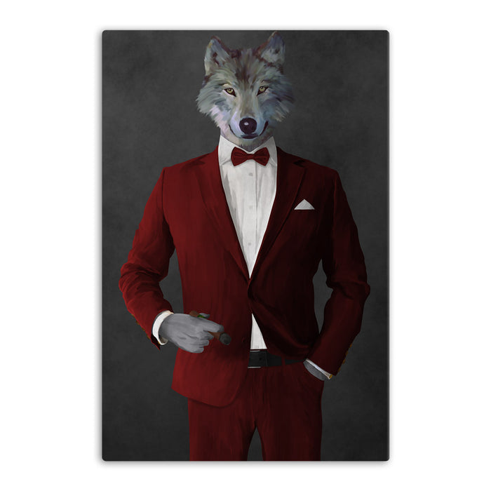 Wolf smoking cigar wearing red suit canvas wall art