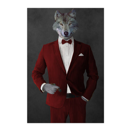 Wolf smoking cigar wearing red suit large wall art print