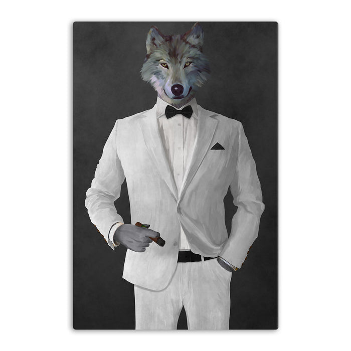 Wolf smoking cigar wearing white suit canvas wall art