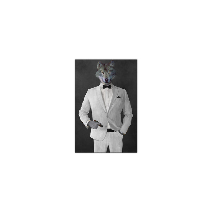 Wolf smoking cigar wearing white suit small wall art print