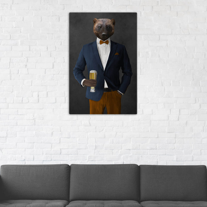 Wolverine Drinking Beer Wall Art - Navy and Orange Suit