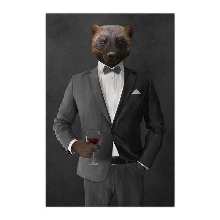 Wolverine Drinking Red Wine Wall Art - Gray Suit