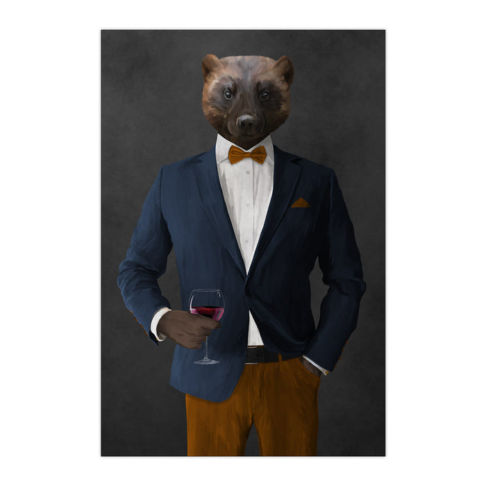 Wolverine Drinking Red Wine Wall Art - Navy and Orange Suit