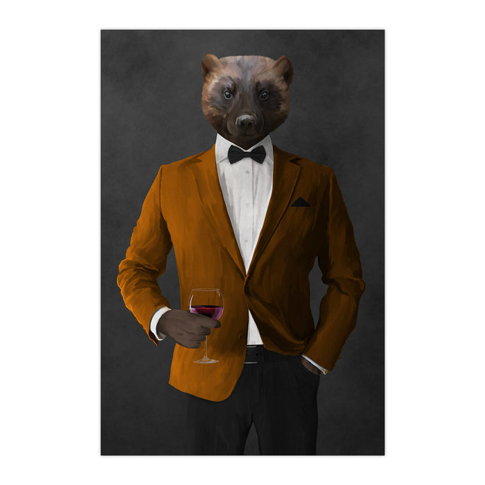 Wolverine Drinking Red Wine Wall Art - Orange and Black Suit