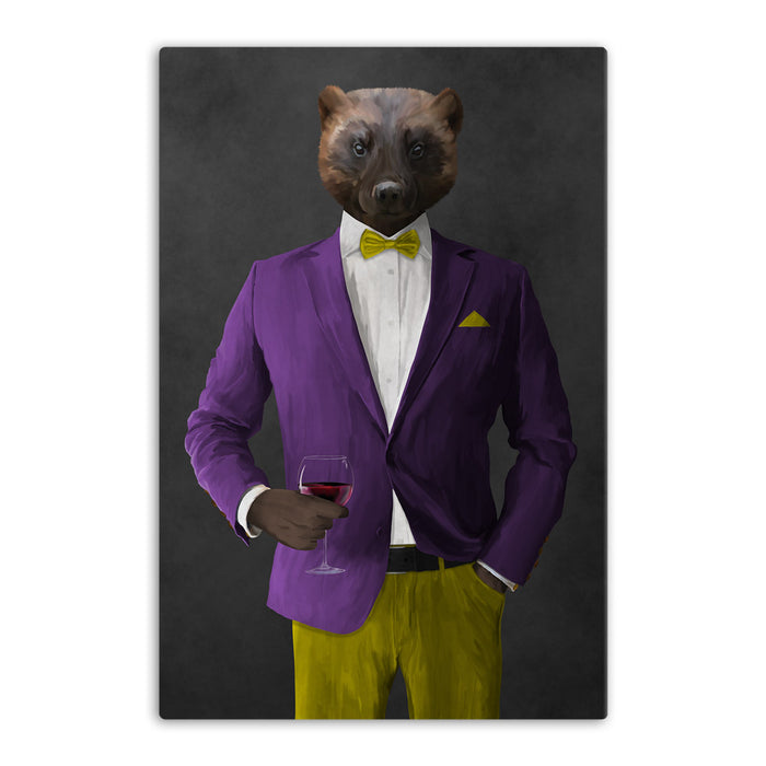 Wolverine Drinking Red Wine Wall Art - Purple and Yellow Suit