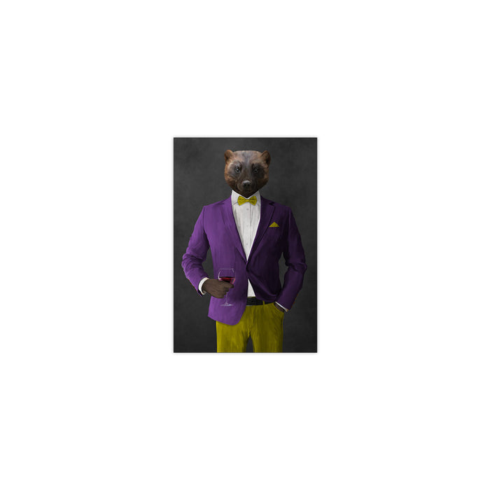 Wolverine Drinking Red Wine Wall Art - Purple and Yellow Suit